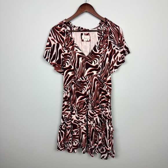 Anthropologie Robin Tiered Mini Dress in Brown/White Marble Animal - Picture 3 of 9
